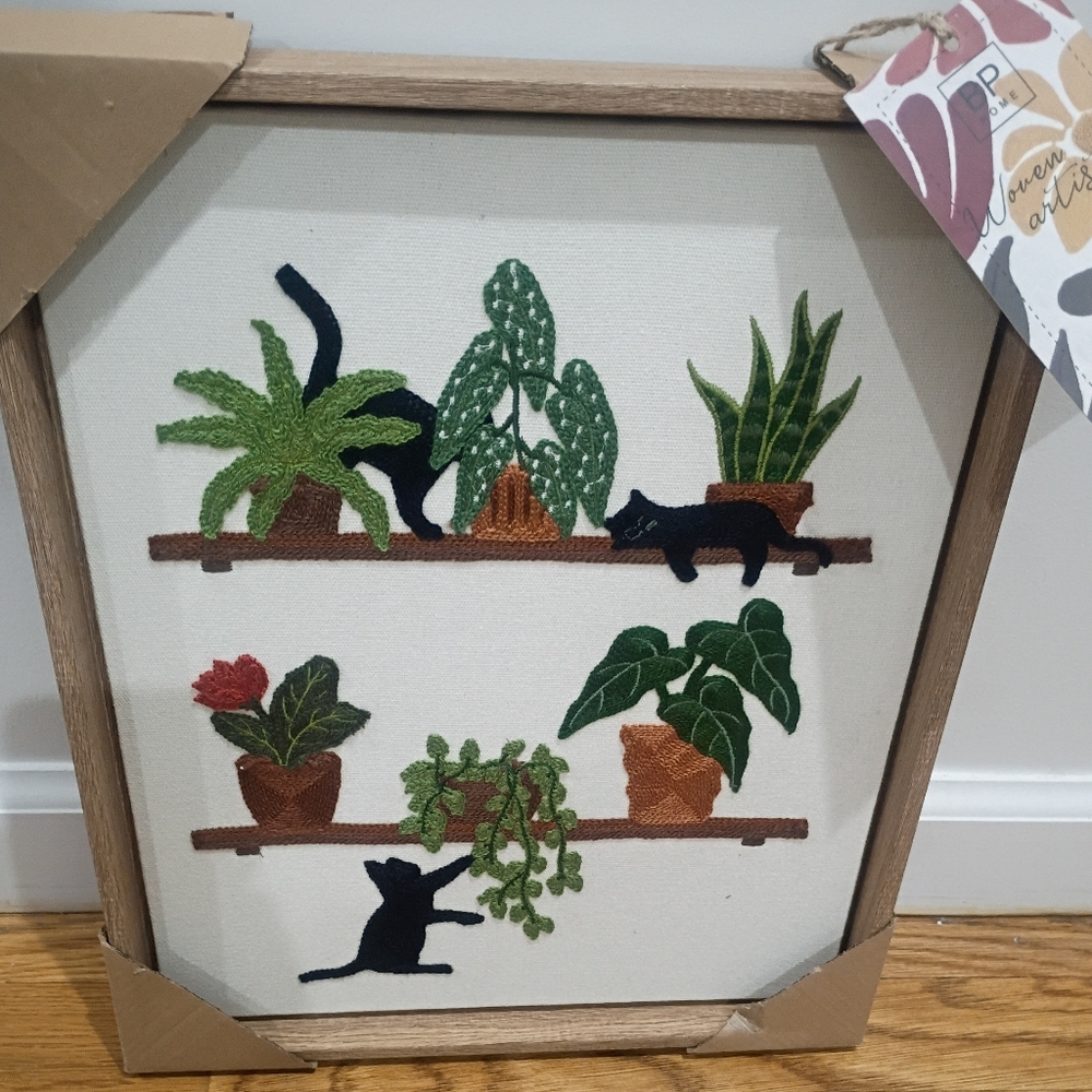 BP Home Embroidered Woven Cat Window Plants Books Wall Art